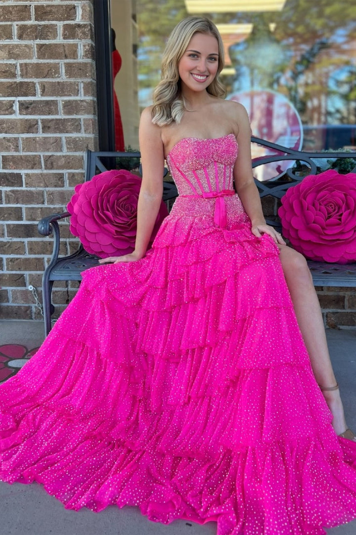 Pink Tiered Strapless Prom Dress with Beads
