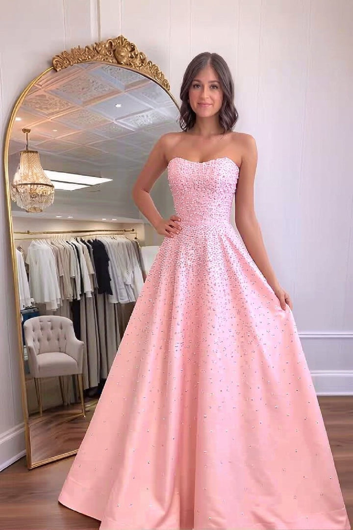 A-Line Pink Beaded Long Prom Dress