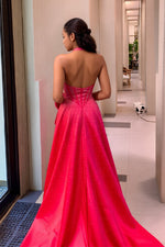Load image into Gallery viewer, Halter Split Long Straps Beaded Long Prom Dress With Bow