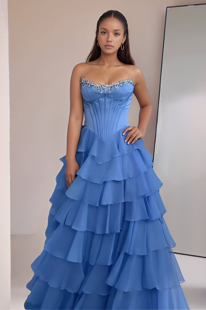 A line Tiered Blue Strapless Long Prom Dress