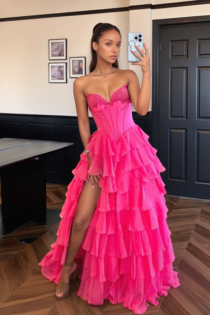 Pink A-line Tiered Strapless Long Prom Dress