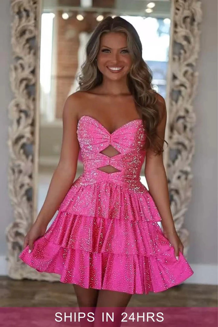 Beaded Strapless Ruffle Keyholes Homecoming Dress
