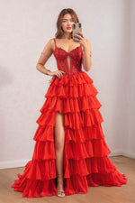 Load image into Gallery viewer, Layered Ruffle Prom Dress with Bodice Appliques