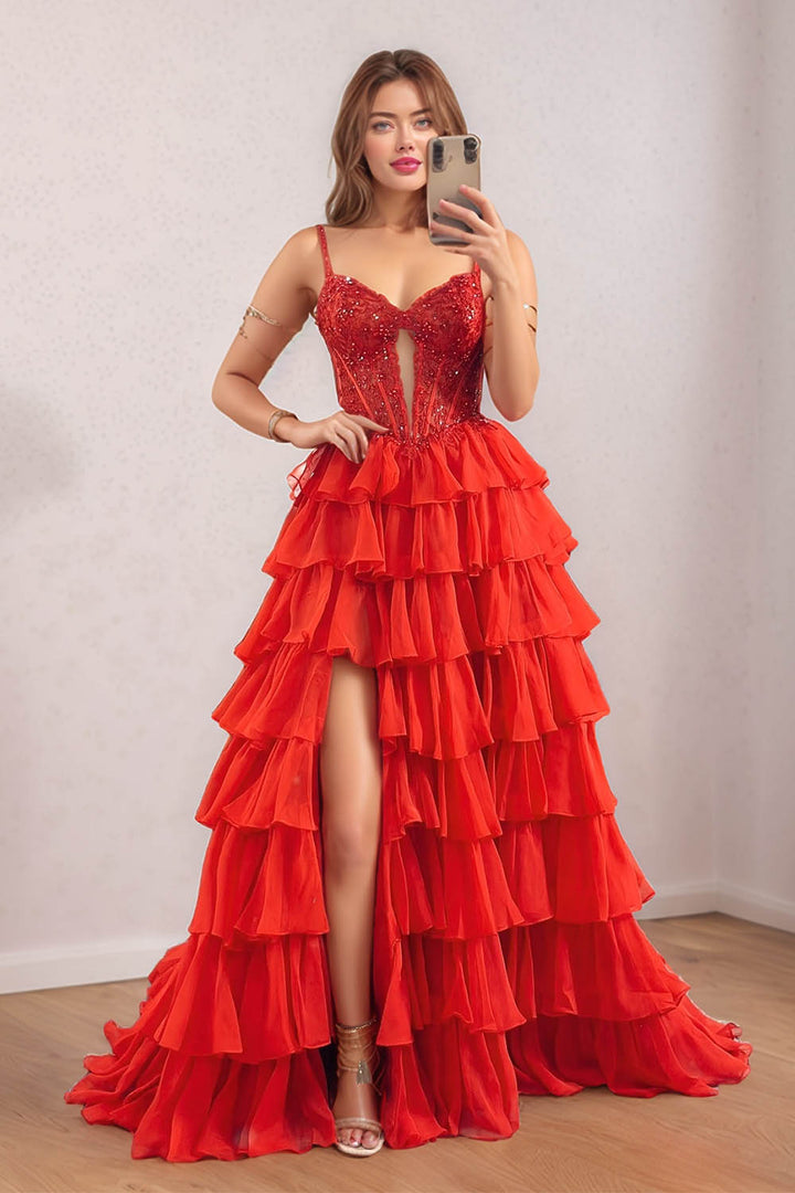 Layered Ruffle Prom Dress with Bodice Appliques