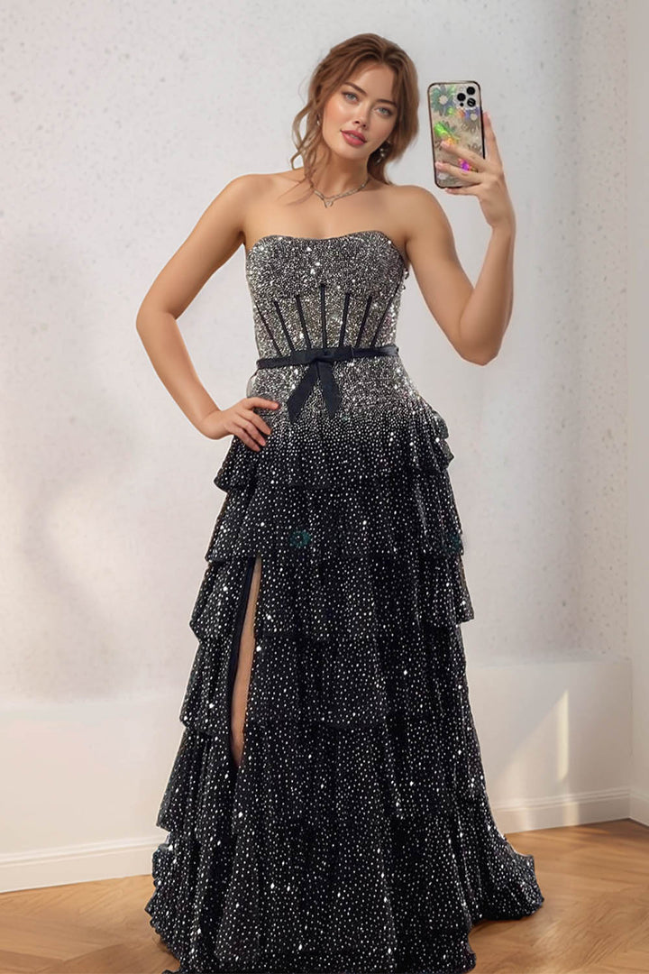 Black Srapless Sparkling Prom Gown