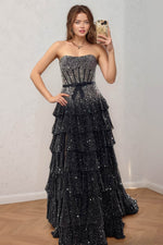 Load image into Gallery viewer, Black Srapless Sparkling Prom Gown