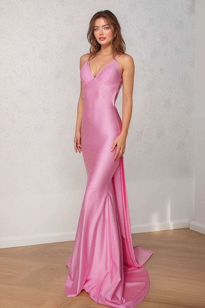 Backless Fitted Pink Prom Dress