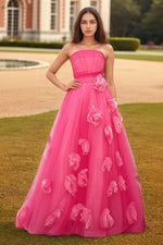 Load image into Gallery viewer, Hot Pink Tulle Prom Dress with Flowers