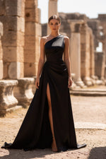 Load image into Gallery viewer, Sexy Black Satin One-Shoulder Long Prom Dress With Slit