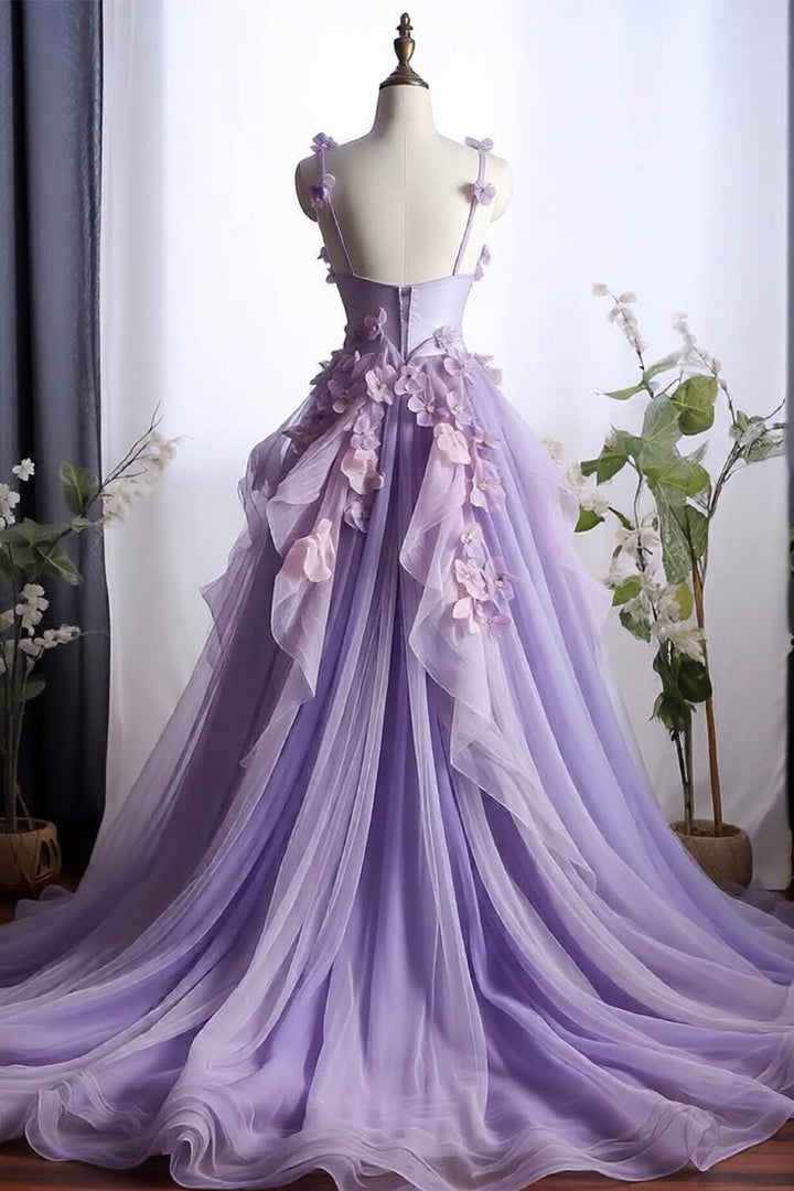 Cute Tulle Lilac Prom Dress with Flowers