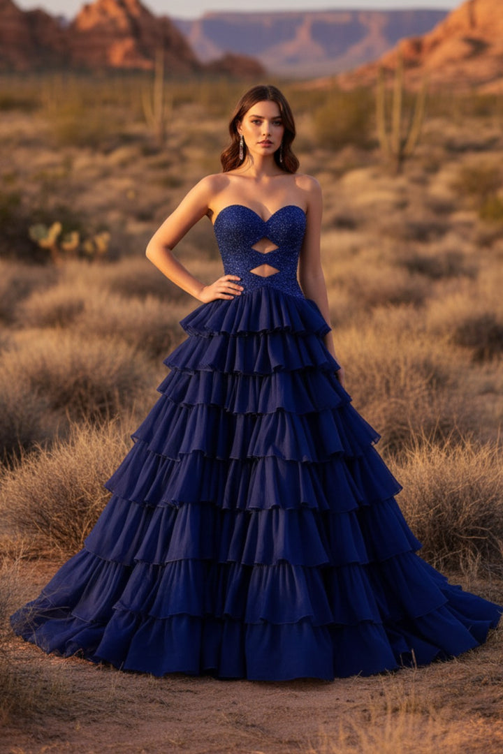 A-line Strapless Navy Blue Beaded Prom Dress With Keyholes