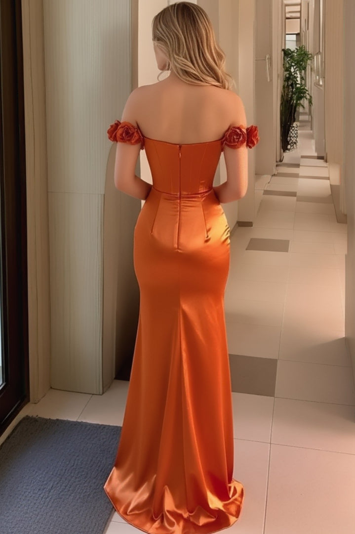 Off Shoulder Glitter Orange Prom Dress