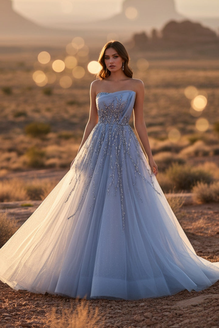 Strapless Light Blue Prom Dress with Sequin