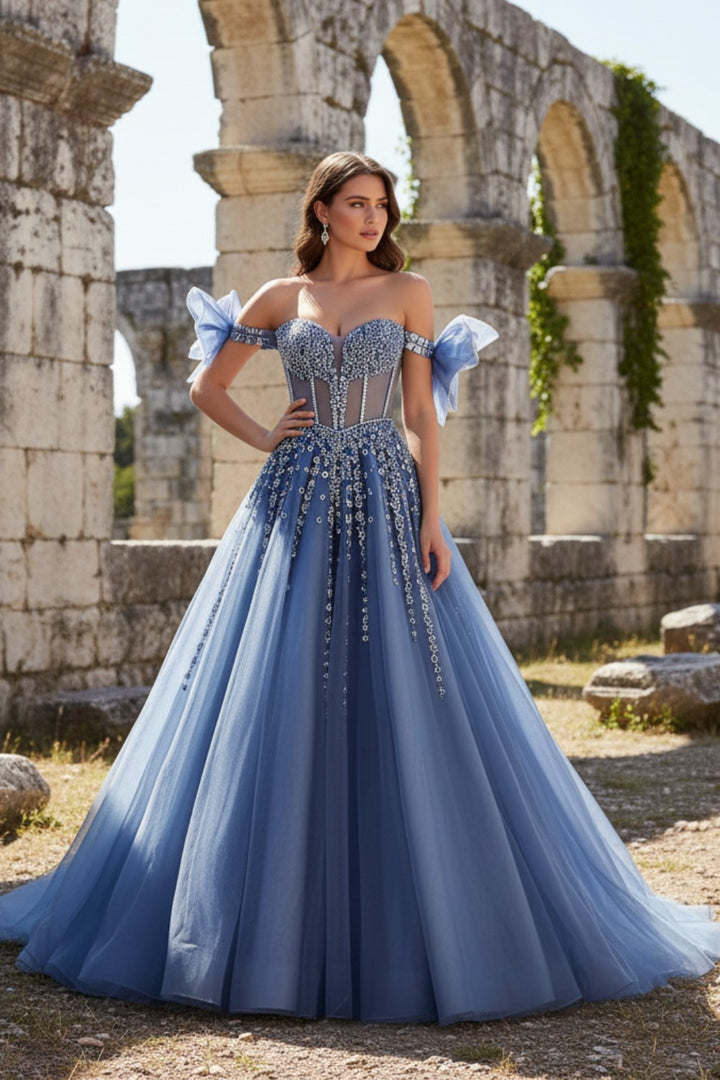 A-Line Blue Sheer Corset Bodice Prom Dress with Sequin