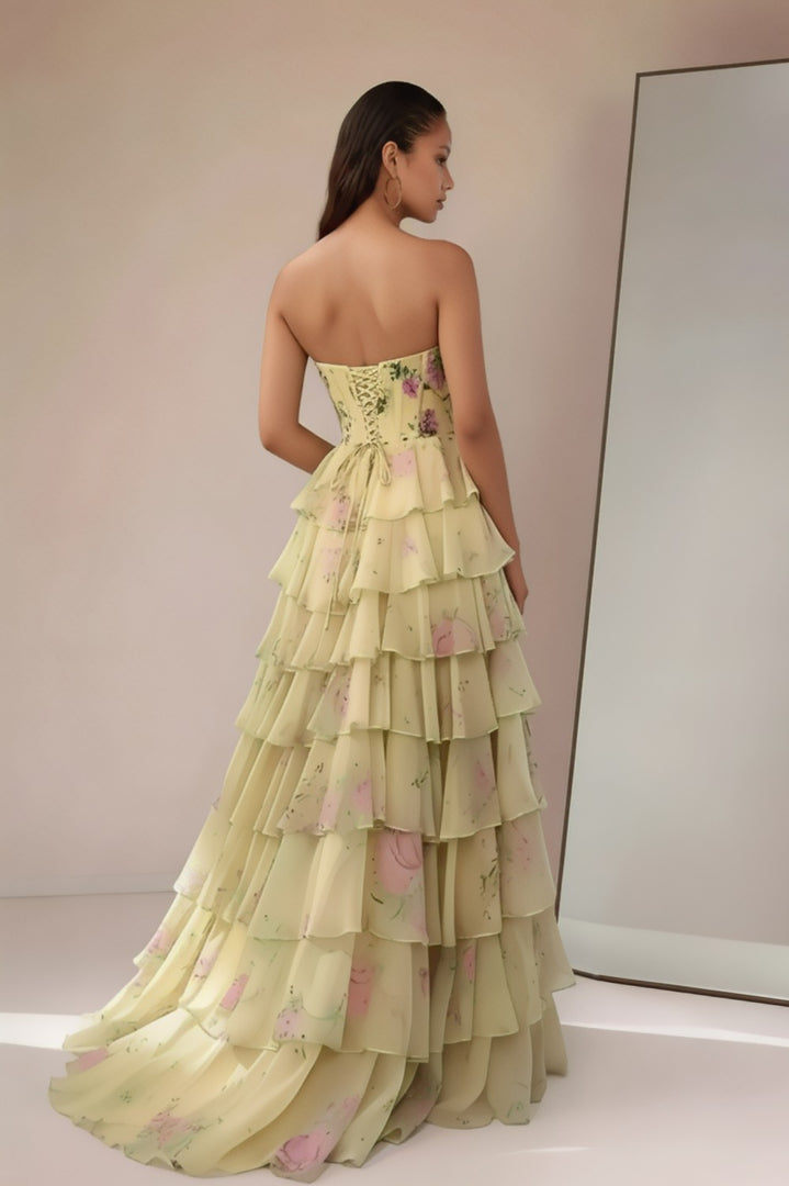 A line Tiered Floral Printed Yellow Prom Dress