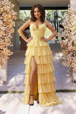 Load image into Gallery viewer, Ruffle Slit Yellow Prom Dress
