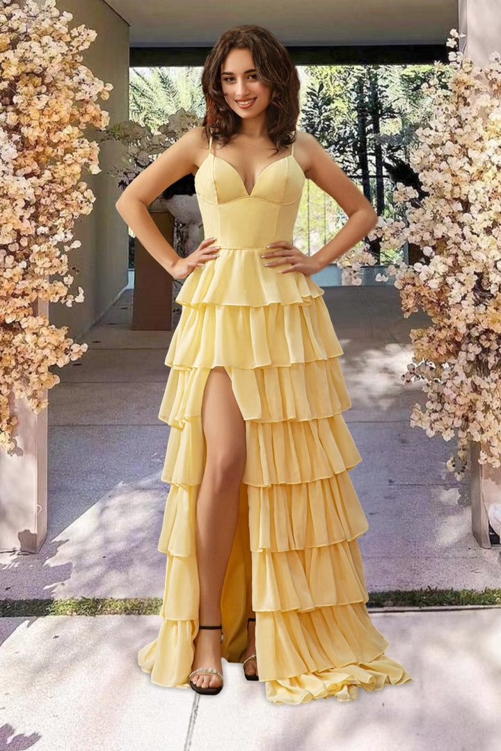 Ruffle Slit Yellow Prom Dress