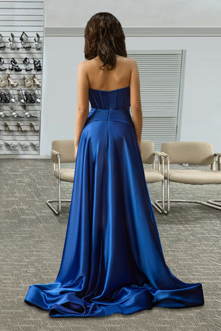 Slit Royal Blue Prom Dress with Keyhole