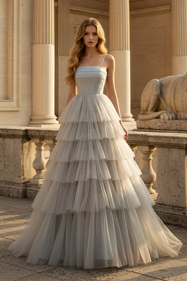 Light Grey Tiered Tulle Princess Prom Dress