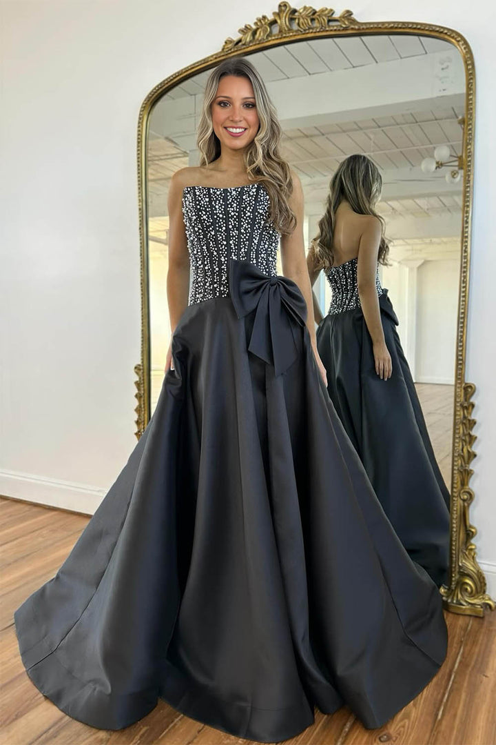 Beading Strapless Prom Gown with Bow