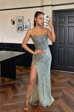 Load image into Gallery viewer, Mermaid Strapless Beaded Long Prom Dress With Slit