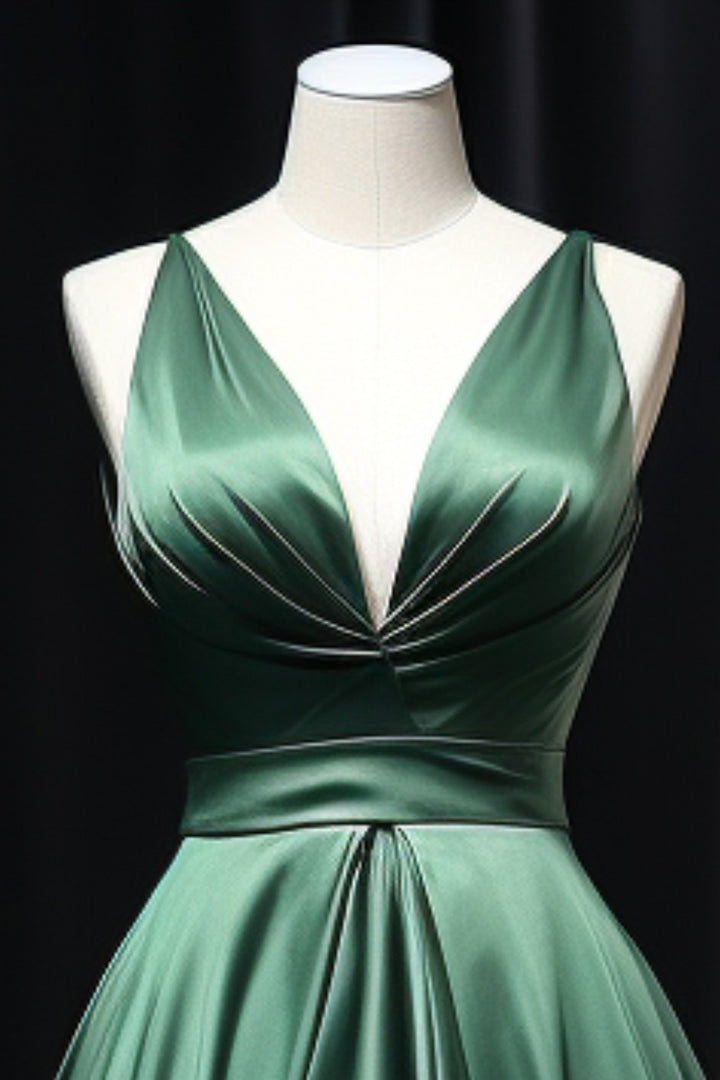 Dark Green Satin Slit Party Dress