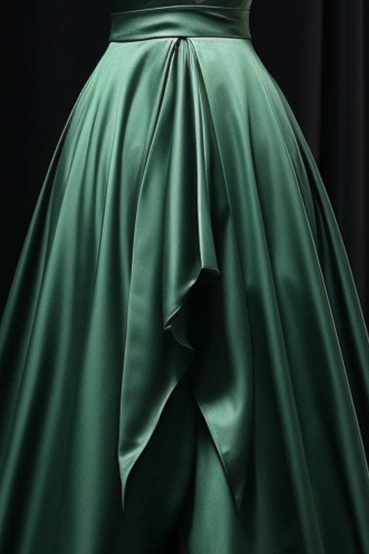 Dark Green Satin Slit Party Dress