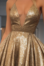 Load image into Gallery viewer, Gold Deep V-neck Sequin Prom Gown
