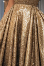 Load image into Gallery viewer, Gold Deep V-neck Sequin Prom Gown
