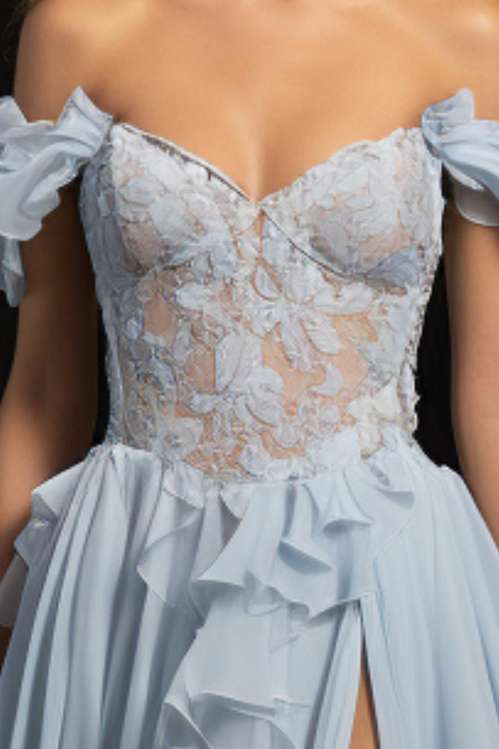 Light Blue Ruffle Prom Dress with Slit