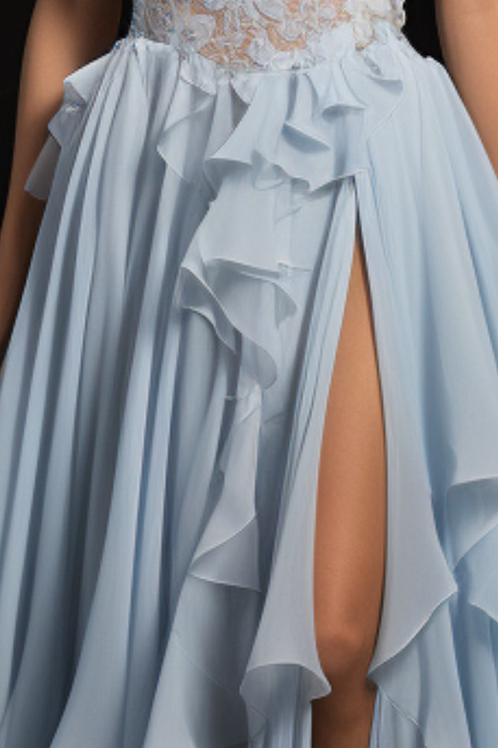 Light Blue Ruffle Prom Dress with Slit