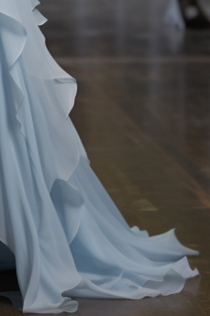 Light Blue Ruffle Prom Dress with Slit
