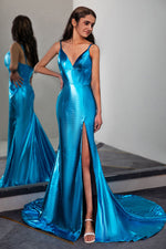 Load image into Gallery viewer, Silky Stretch Satin Prom Gown with High Slit
