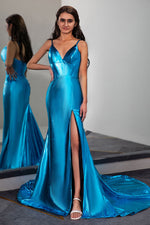Load image into Gallery viewer, Silky Stretch Satin Prom Gown with High Slit

