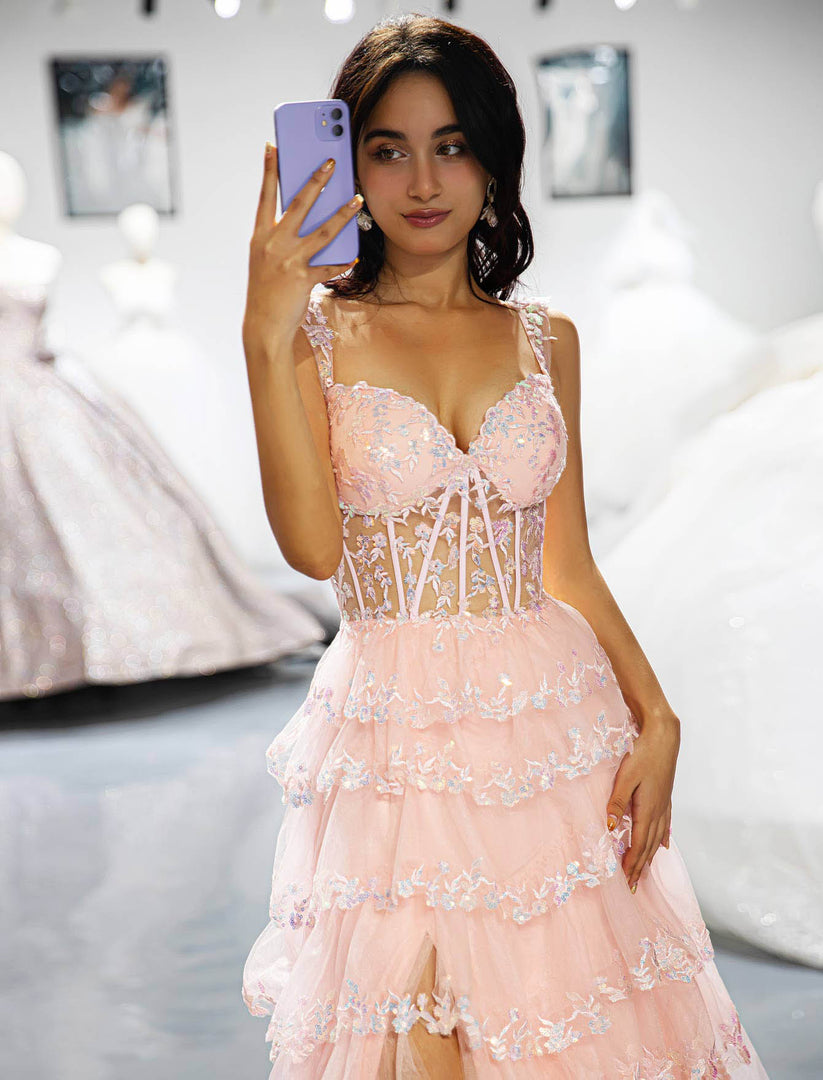 Tiered Corset Side Slit Prom Dress