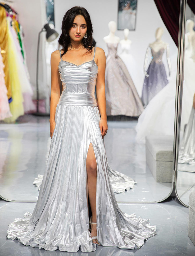 Silver Metallic Slit Prom Dress