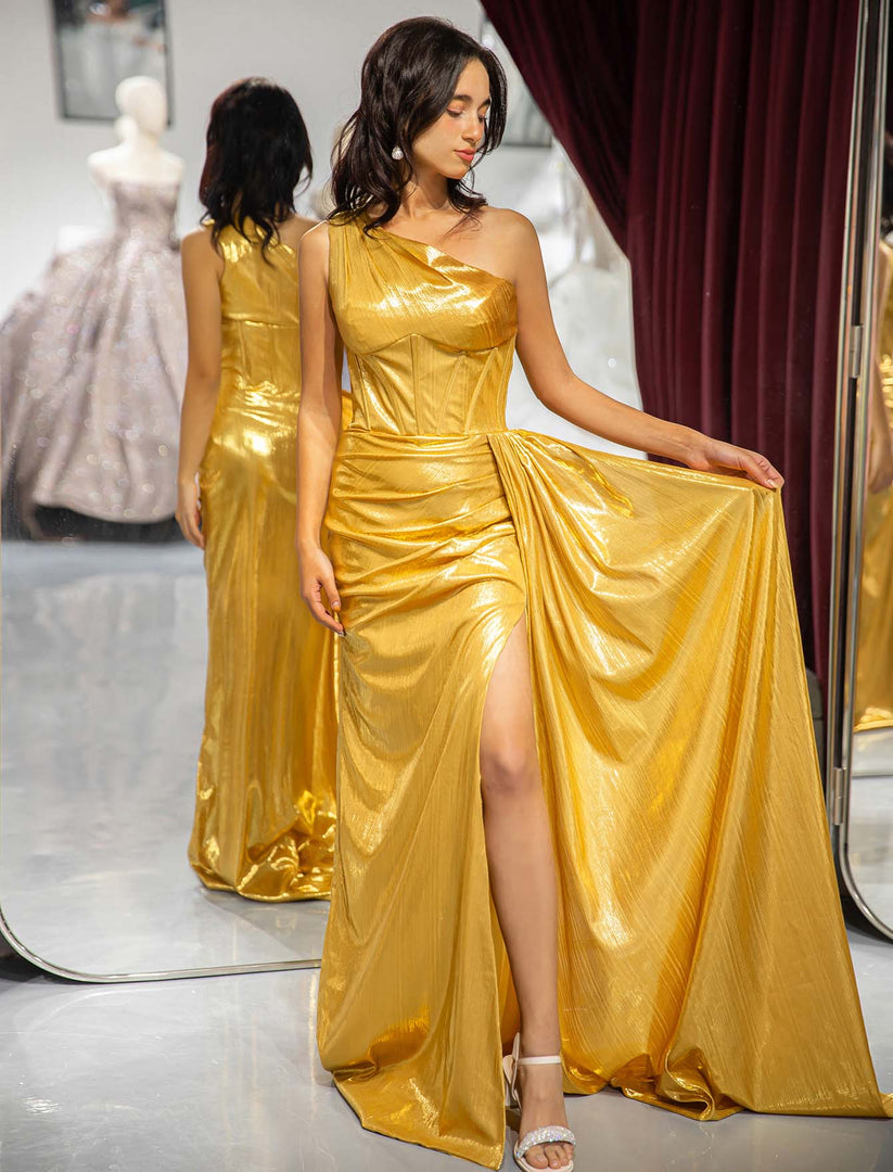 Buy gold metallic ruffled v-neck prom dress with side slit online at  JJsprom.com