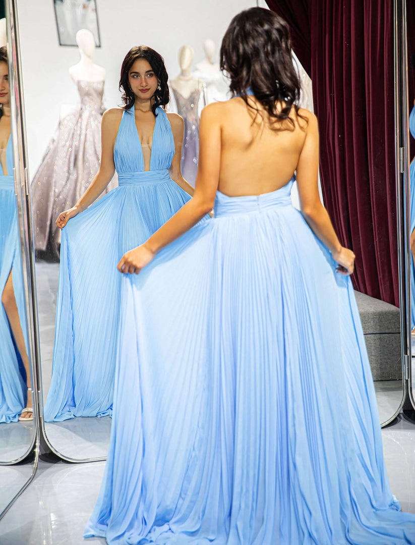 Light Blue Backless Prom Dress