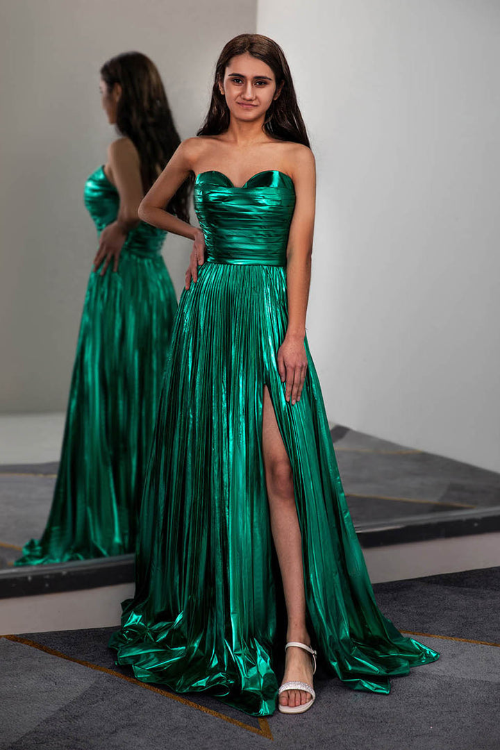 Llella Metallic Strapless Prom Dress with Ruched Bodice Slit