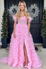 Load image into Gallery viewer, Off the Shoulder Princess Pink Prom Dress with Split
