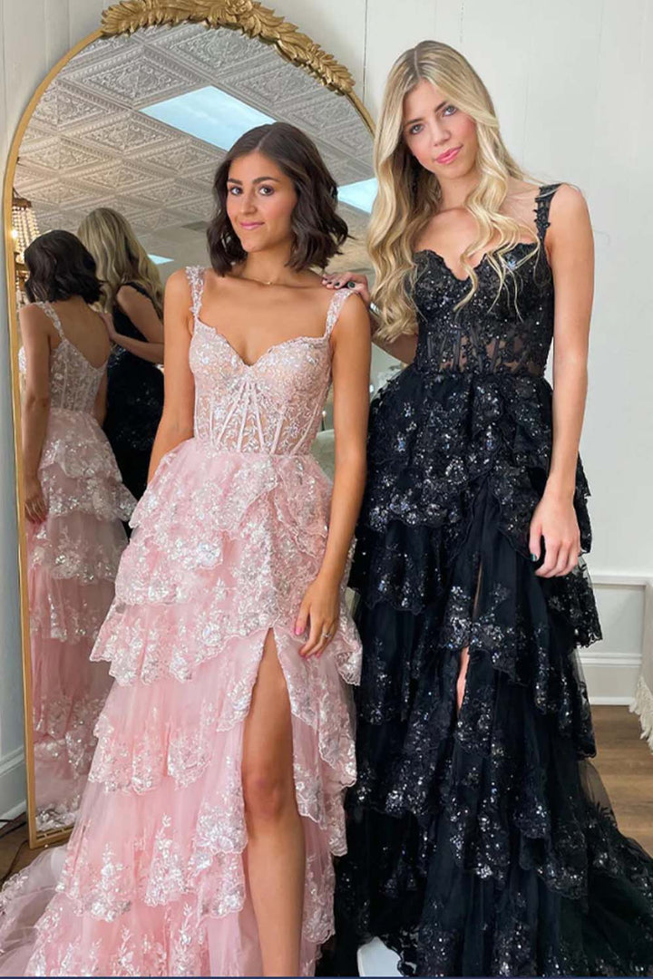 Slit Ruffle Prom Dress with Sequin