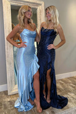 Load image into Gallery viewer, Strapless Corset Bodice Fitted Prom Dress with Ruffle Slit

