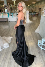 Load image into Gallery viewer, Slit Strapless Beaded Prom Gown with Corset Bodice
