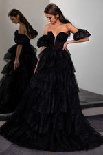 Load image into Gallery viewer, Black Tiered Strapless Prom Gown with Sleeves
