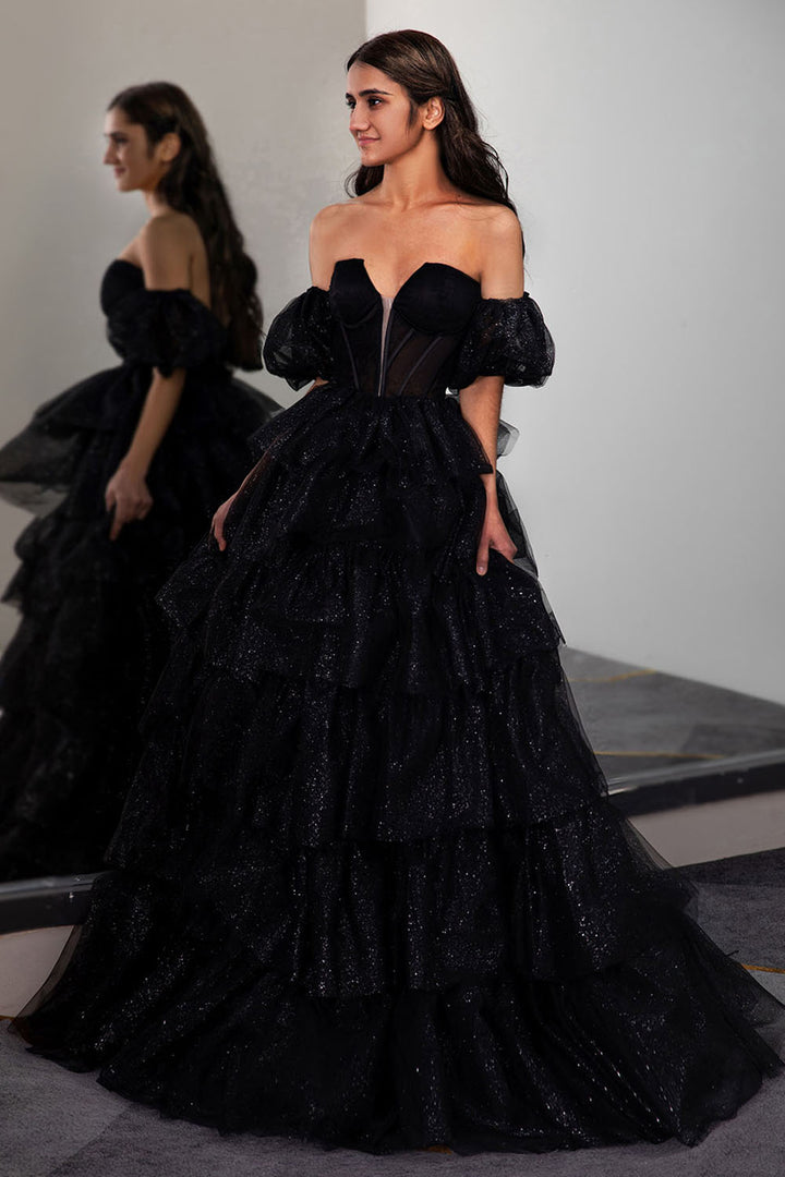 Black Tiered Strapless Prom Gown with Sleeves