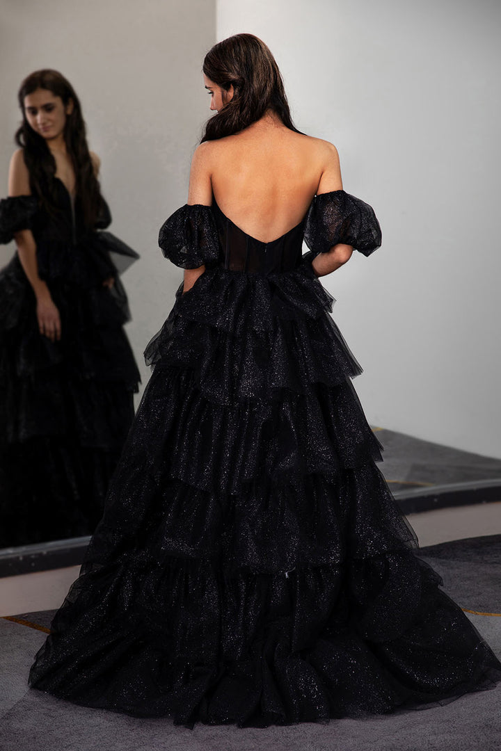 Black Tiered Strapless Prom Gown with Sleeves