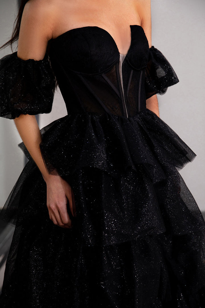 Black Tiered Strapless Prom Gown with Sleeves