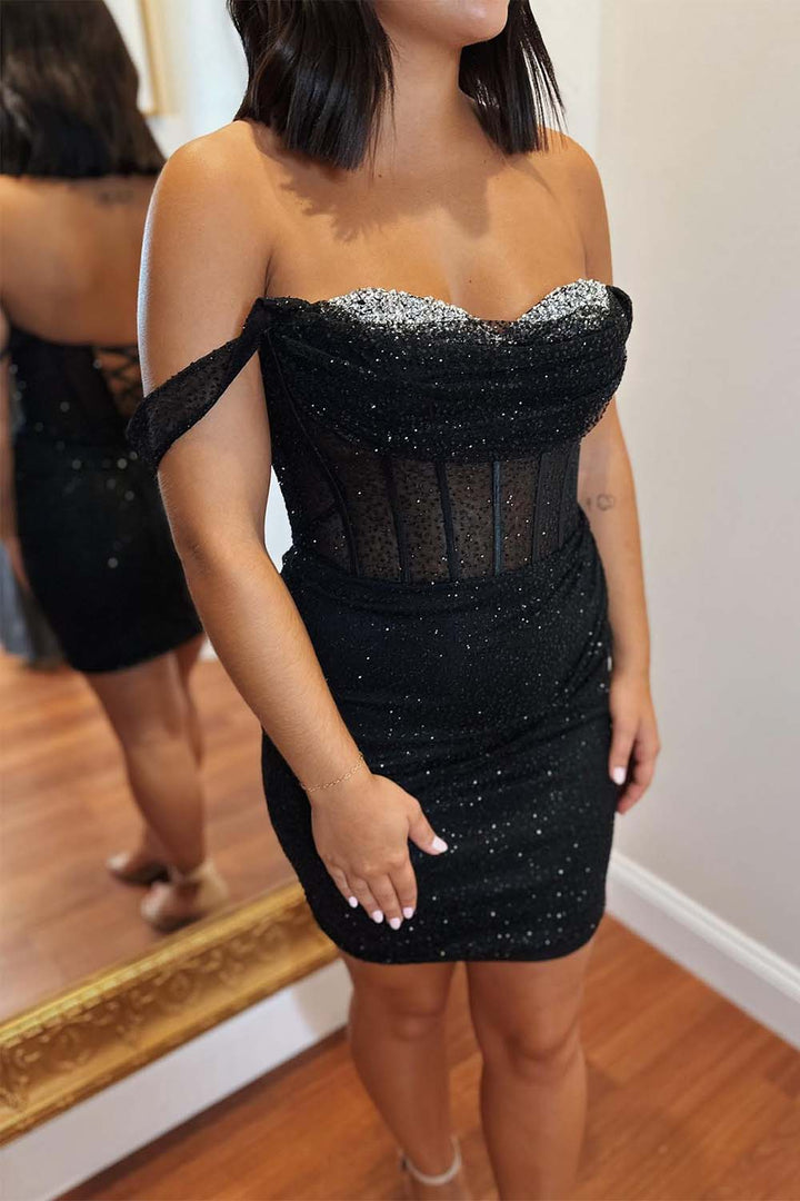 Black Sheer Corset Bodice Homecoming Dress with Beading