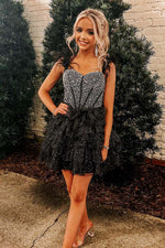 Load image into Gallery viewer, Beaded Cold-Shoulder Ruffle Homecoming Dress with Feathers
