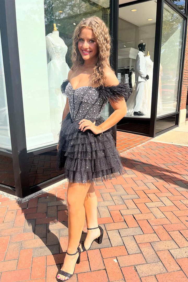 Beaded Cold-Shoulder Ruffle Homecoming Dress with Feathers